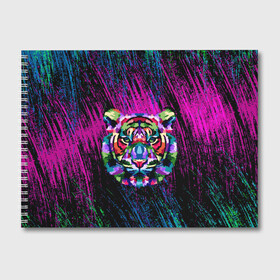 Альбом для рисования с принтом Тигр Красочный 2022 в Петрозаводске, 100% бумага
 | матовая бумага, плотность 200 мг. | арт | брызги | голова | грива | кляксы | кошка | краски | неон | тигр | царапины | шерсть