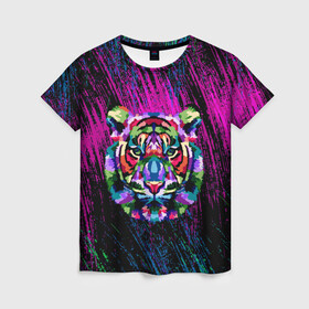Женская футболка 3D с принтом Тигр Красочный 2022 в Петрозаводске, 100% полиэфир ( синтетическое хлопкоподобное полотно) | прямой крой, круглый вырез горловины, длина до линии бедер | арт | брызги | голова | грива | кляксы | кошка | краски | неон | тигр | царапины | шерсть