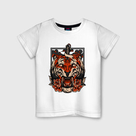 Детская футболка хлопок с принтом Японский дерзкий тигр в Петрозаводске, 100% хлопок | круглый вырез горловины, полуприлегающий силуэт, длина до линии бедер | 2022 год | tigr | toger | год тигра | новый год 2022 | новый год тигра | тигр | тигра | тигрёнок