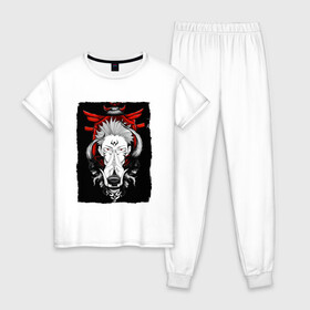 Женская пижама хлопок с принтом ЗАКЛИНАНИЕ ИТАДОРИ, СУКУНА в Петрозаводске, 100% хлопок | брюки и футболка прямого кроя, без карманов, на брюках мягкая резинка на поясе и по низу штанин | anime | japan | japanese | jujutsu | jujutsu kaisen | kaisen | sukuna | tattoo | аниме | двуликий призрак | иероглифы | инумаки | итадори | итадори юдзи | магическая битва | нобара | панда | рёмен | рёмен сукуна | сатору | сукуна