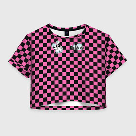 Женская футболка Crop-top 3D с принтом Инопланетянин в черно розовую клетку в Петрозаводске, 100% полиэстер | круглая горловина, длина футболки до линии талии, рукава с отворотами | егор | егор шип | инопланетянин | клетка | любимый трек | розовый | черно розовая | черный | шип