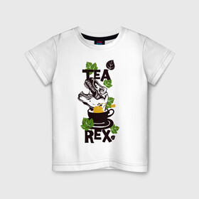 Детская футболка хлопок с принтом Динозавр в чашке чая в Петрозаводске, 100% хлопок | круглый вырез горловины, полуприлегающий силуэт, длина до линии бедер | Тематика изображения на принте: динозавр | лист | пакетик | уличный стиль | чай | чашка