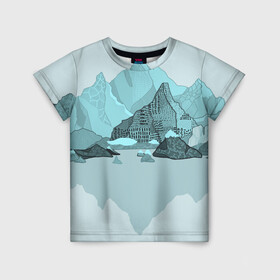 Детская футболка 3D с принтом Голубой горный пейзаж с темно-серыми тенями в Петрозаводске, 100% гипоаллергенный полиэфир | прямой крой, круглый вырез горловины, длина до линии бедер, чуть спущенное плечо, ткань немного тянется | голубые горы | горный | горный массив | горный пейзаж | горы | горы в снегу | для сноуборда | для туристов | заснеженные горы | зимние горы | зимний | лыжный | снежные горы | сноуборд
