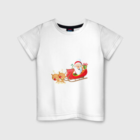 Детская футболка хлопок с принтом Санта Клаус катается на санях в Петрозаводске, 100% хлопок | круглый вырез горловины, полуприлегающий силуэт, длина до линии бедер | Тематика изображения на принте: новый год | олени | праздник | рождество | сантаклаус