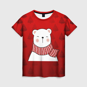 Женская футболка 3D с принтом МЕДВЕЖОНОК УМКА БЕЛЫЙ МИШКА в Петрозаводске, 100% полиэфир ( синтетическое хлопкоподобное полотно) | прямой крой, круглый вырез горловины, длина до линии бедер | 2021 | new year | деда мороза | друг | ёлка | ёлочка | к нам приходит | как у всех | клауса | костюм | красный | медведь | медвежонок | новогодний | новый год | праздник | рекомендации | рождество | санты | узор