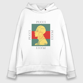 Женское худи Oversize хлопок с принтом PUCCI (ПУЧЧИ) в Петрозаводске, френч-терри — 70% хлопок, 30% полиэстер. Мягкий теплый начес внутри —100% хлопок | боковые карманы, эластичные манжеты и нижняя кромка, капюшон на магнитной кнопке | Тематика изображения на принте: gucci | jojo | pucci | биззарные приключения | гуччи | джоджо | жожо | невероятные приключения | пуччи