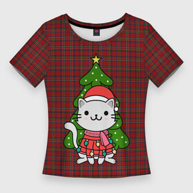 Женская футболка 3D Slim с принтом КОТИК И ЁЛОЧКА  НОВОГОДНЯЯ в Петрозаводске,  |  | 2020 | 2021 | 2022 | cat | cats | christmas | merry | гирлянды | елка | кот | леденец | мяу | нг | новогодний | новый год | олени | рождество | свитер | узоры