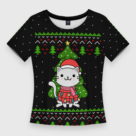 Женская футболка 3D Slim с принтом КОТЁНОК И ЁЛОЧКА  НОВОГОДНЯЯ в Петрозаводске,  |  | 2020 | 2021 | 2022 | cat | cats | christmas | merry | гирлянды | кот | леденец | мяу | нг | новогодний | новый год | олени | рождество | свитер | узоры