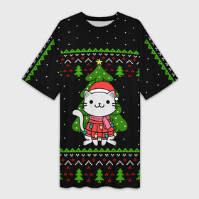 Платье-футболка 3D с принтом КОТЁНОК И ЁЛОЧКА  НОВОГОДНЯЯ в Петрозаводске,  |  | 2020 | 2021 | 2022 | cat | cats | christmas | merry | гирлянды | кот | леденец | мяу | нг | новогодний | новый год | олени | рождество | свитер | узоры