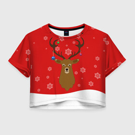 Женская футболка Crop-top 3D с принтом Новогодний олень New Years Deer в Петрозаводске, 100% полиэстер | круглая горловина, длина футболки до линии талии, рукава с отворотами | 2021 | 2022 | happy new year | happy new year 2022 | новый год | олень | снег | снежинки | снежный олень | сугроб