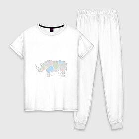 Женская пижама хлопок с принтом Волшебный носорог в Петрозаводске, 100% хлопок | брюки и футболка прямого кроя, без карманов, на брюках мягкая резинка на поясе и по низу штанин | Тематика изображения на принте: африка | волшебство | животное | животные | звери | зверь | мило | милота | носорог | пятна | пятнистый | разноцветный | сказка | экзотика