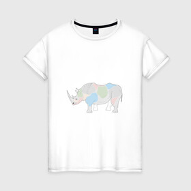 Женская футболка хлопок с принтом Волшебный носорог в Петрозаводске, 100% хлопок | прямой крой, круглый вырез горловины, длина до линии бедер, слегка спущенное плечо | африка | волшебство | животное | животные | звери | зверь | мило | милота | носорог | пятна | пятнистый | разноцветный | сказка | экзотика
