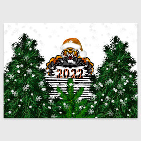 Поздравительная открытка с принтом Новогодний Тигр Среди Елок в Петрозаводске, 100% бумага | плотность бумаги 280 г/м2, матовая, на обратной стороне линовка и место для марки
 | 2022 | black | cat | christmas | merry | new year | tiger | xmas | водяной | год тигра | елка | животные | кот | кошки | новый год | паттерн | полосатый | рождество | снег | снежинки | сосна | тигры | узор | цветы | черный