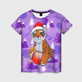 Женская футболка 3D с принтом Тигренок с елочным шариком в Петрозаводске, 100% полиэфир ( синтетическое хлопкоподобное полотно) | прямой крой, круглый вырез горловины, длина до линии бедер | 2022 | newyear2022 | новый год | новыйгод2022 | символ года | тигр | тигр2022 | тигренок