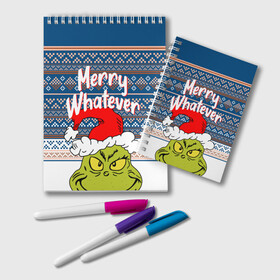 Блокнот с принтом MERRY WHATEVER | GRINCH в Петрозаводске, 100% бумага | 48 листов, плотность листов — 60 г/м2, плотность картонной обложки — 250 г/м2. Листы скреплены удобной пружинной спиралью. Цвет линий — светло-серый
 | 2020 | 2021 | 2022 | christmas | grinch | merry | santa | whatever | гринч | дед мороз | леденец | нг | новогодний | новый год | олени | рождество | санта клаус | свитер | узоры