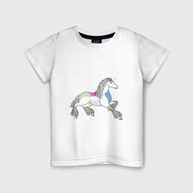 Детская футболка хлопок с принтом Разноцветный единорог на светлом в Петрозаводске, 100% хлопок | круглый вырез горловины, полуприлегающий силуэт, длина до линии бедер | волшебство | единорог | животное | животные | звери | зверь | конь | лошадь | магия | сказка | фауна