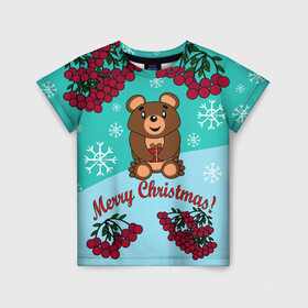 Детская футболка 3D с принтом Мишка и рождество в Петрозаводске, 100% гипоаллергенный полиэфир | прямой крой, круглый вырез горловины, длина до линии бедер, чуть спущенное плечо, ткань немного тянется | 2022 | merry christmas | ветки | год тигра | детский | животные | зима | зимний | лес | медведь | мишка | мультяшный | новогодний | новый год | подарок | праздничный | рождество | рябина | снег | снегопад