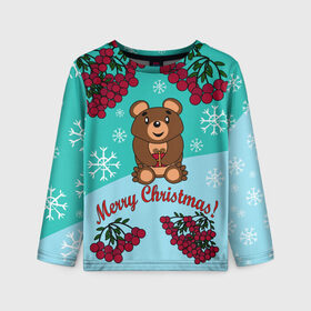 Детский лонгслив 3D с принтом Мишка и рождество в Петрозаводске, 100% полиэстер | длинные рукава, круглый вырез горловины, полуприлегающий силуэт
 | 2022 | merry christmas | ветки | год тигра | детский | животные | зима | зимний | лес | медведь | мишка | мультяшный | новогодний | новый год | подарок | праздничный | рождество | рябина | снег | снегопад