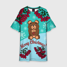Детское платье 3D с принтом Мишка и рождество в Петрозаводске, 100% полиэстер | прямой силуэт, чуть расширенный к низу. Круглая горловина, на рукавах — воланы | 2022 | merry christmas | ветки | год тигра | детский | животные | зима | зимний | лес | медведь | мишка | мультяшный | новогодний | новый год | подарок | праздничный | рождество | рябина | снег | снегопад