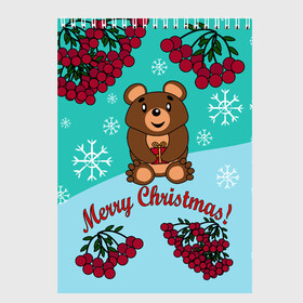 Скетчбук с принтом Мишка и рождество в Петрозаводске, 100% бумага
 | 48 листов, плотность листов — 100 г/м2, плотность картонной обложки — 250 г/м2. Листы скреплены сверху удобной пружинной спиралью | Тематика изображения на принте: 2022 | merry christmas | ветки | год тигра | детский | животные | зима | зимний | лес | медведь | мишка | мультяшный | новогодний | новый год | подарок | праздничный | рождество | рябина | снег | снегопад