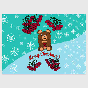 Поздравительная открытка с принтом Мишка и рождество в Петрозаводске, 100% бумага | плотность бумаги 280 г/м2, матовая, на обратной стороне линовка и место для марки
 | Тематика изображения на принте: 2022 | merry christmas | ветки | год тигра | детский | животные | зима | зимний | лес | медведь | мишка | мультяшный | новогодний | новый год | подарок | праздничный | рождество | рябина | снег | снегопад