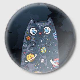 Значок с принтом Космический кот в планетах в Петрозаводске,  металл | круглая форма, металлическая застежка в виде булавки | животное | космический | космос | кот | кот марсианин | планеты