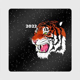 Магнит виниловый Квадрат с принтом Рычащий Тигр и Снегопад 2022 в Петрозаводске, полимерный материал с магнитным слоем | размер 9*9 см, закругленные углы | 2022 | black | cat | christmas | merry | new year | snow | tiger | xmas | водяной | год тигра | животные | кот | кошки | новый год | паттерн | полосатый | рождество | снег | снежинки | тигры | узор | цветы | черный