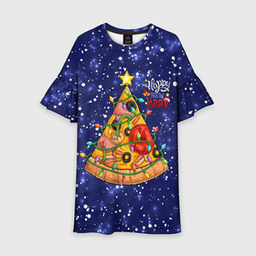 Детское платье 3D с принтом Новогодняя Елка Пицца в Петрозаводске, 100% полиэстер | прямой силуэт, чуть расширенный к низу. Круглая горловина, на рукавах — воланы | Тематика изображения на принте: christmas | pizza | гирлянда | елка | ель | звезда | новый год | пицца | рождество
