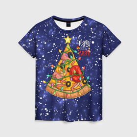 Женская футболка 3D с принтом Новогодняя Елка Пицца в Петрозаводске, 100% полиэфир ( синтетическое хлопкоподобное полотно) | прямой крой, круглый вырез горловины, длина до линии бедер | christmas | pizza | гирлянда | елка | ель | звезда | новый год | пицца | рождество