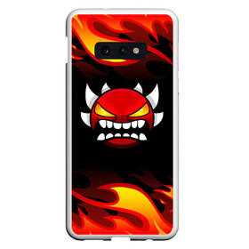 Чехол для Samsung S10E с принтом Geometry Dash Fire в Петрозаводске, Силикон | Область печати: задняя сторона чехла, без боковых панелей | 2d | arcade | demon | game | geometry dash | levels | meltdown | robtop | smile | аркада | геометрический тире | демон | раннер | смайлы | уровни | эмоции