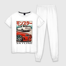 Женская пижама хлопок с принтом Nissan Skyline Ниссан Скайлайн в Петрозаводске, 100% хлопок | брюки и футболка прямого кроя, без карманов, на брюках мягкая резинка на поясе и по низу штанин | auto | car | japan | nissan | racing | retro | авто | гонки | машины | ниссан | ретро | скайлайн | тачки | япония