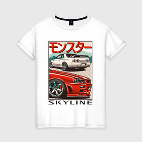 Женская футболка хлопок с принтом Nissan Skyline Ниссан Скайлайн в Петрозаводске, 100% хлопок | прямой крой, круглый вырез горловины, длина до линии бедер, слегка спущенное плечо | auto | car | japan | nissan | racing | retro | авто | гонки | машины | ниссан | ретро | скайлайн | тачки | япония