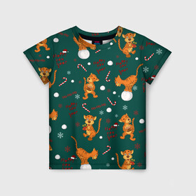 Детская футболка 3D с принтом тигр и рождество в Петрозаводске, 100% гипоаллергенный полиэфир | прямой крой, круглый вырез горловины, длина до линии бедер, чуть спущенное плечо, ткань немного тянется | Тематика изображения на принте: happy new year | merry christmas | год тигра | животные | звери | зеленый | зима | зимний принт | иллюстрация | кошка | красный | леденец | новогодний | оранжевый | подарок | полосатый | рождество | снег | снегопад