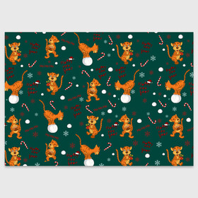 Поздравительная открытка с принтом тигр и рождество в Петрозаводске, 100% бумага | плотность бумаги 280 г/м2, матовая, на обратной стороне линовка и место для марки
 | happy new year | merry christmas | год тигра | животные | звери | зеленый | зима | зимний принт | иллюстрация | кошка | красный | леденец | новогодний | оранжевый | подарок | полосатый | рождество | снег | снегопад