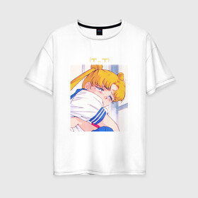 Женская футболка хлопок Oversize с принтом Sad Usagi | Sailor Moon в Петрозаводске, 100% хлопок | свободный крой, круглый ворот, спущенный рукав, длина до линии бедер
 | sailor moon | usagi tsukino | сейлор мун | усаги | усаги цукино