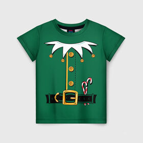 Детская футболка 3D с принтом Christmas Elf Outfit в Петрозаводске, 100% гипоаллергенный полиэфир | прямой крой, круглый вырез горловины, длина до линии бедер, чуть спущенное плечо, ткань немного тянется | christmas | claus | clothes | deer | elf | frost | helpers | new | north | outfit | pole | santa | year | год | дед | клаус | мороз | новый | одежда | олени | полюс | помощники | рождественский | рождество | санта | санты | северный | эльф