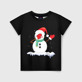 Детская футболка 3D с принтом Cartoon Dab Snowman в Петрозаводске, 100% гипоаллергенный полиэфир | прямой крой, круглый вырез горловины, длина до линии бедер, чуть спущенное плечо, ткань немного тянется | 2022 | 22 | cartoon | christmas | dab | dub | mult | new | notes | scarf | snow | snowman | snowy | woman | year | баба | год | даб | мультяшный | новый | очки | рождество | снег | снеговик | снежная | шарф