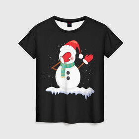 Женская футболка 3D с принтом Cartoon Dab Snowman в Петрозаводске, 100% полиэфир ( синтетическое хлопкоподобное полотно) | прямой крой, круглый вырез горловины, длина до линии бедер | 2022 | 22 | cartoon | christmas | dab | dub | mult | new | notes | scarf | snow | snowman | snowy | woman | year | баба | год | даб | мультяшный | новый | очки | рождество | снег | снеговик | снежная | шарф
