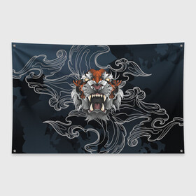 Флаг-баннер с принтом Рычащий Тигр в японском стиле в Петрозаводске, 100% полиэстер | размер 67 х 109 см, плотность ткани — 95 г/м2; по краям флага есть четыре люверса для крепления | волны | символ года | тигр | хищник | япония