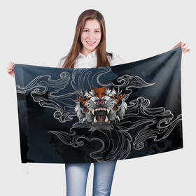 Флаг 3D с принтом Рычащий Тигр в японском стиле в Петрозаводске, 100% полиэстер | плотность ткани — 95 г/м2, размер — 67 х 109 см. Принт наносится с одной стороны | волны | символ года | тигр | хищник | япония
