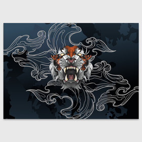 Поздравительная открытка с принтом Рычащий Тигр в японском стиле в Петрозаводске, 100% бумага | плотность бумаги 280 г/м2, матовая, на обратной стороне линовка и место для марки
 | волны | символ года | тигр | хищник | япония