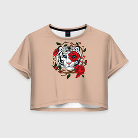 Женская футболка Crop-top 3D с принтом White Tiger Symbol в Петрозаводске, 100% полиэстер | круглая горловина, длина футболки до линии талии, рукава с отворотами | blue | christmas | eyes | face | flowers | glow | muzzle | new | rose | snow | symbol | tiger | tulip | white | winter | year | белый | глаза | год | года | зима | лицо | нового | новый | рождество | свечение | символ | синее | тигр | тигра