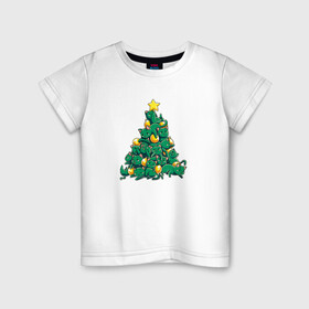 Детская футболка хлопок с принтом Christmas Tree Made Of Green Cats в Петрозаводске, 100% хлопок | круглый вырез горловины, полуприлегающий силуэт, длина до линии бедер | Тематика изображения на принте: cat | cats | christmas | decotarions | green | kittens | made | new | of | star | toys | tree | year | год | ёлка | звезда | игрушки | кот | коты | котята | кошки | новый | рождество