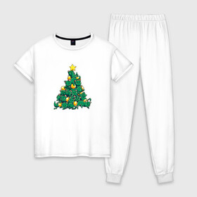 Женская пижама хлопок с принтом Christmas Tree Made Of Green Cats в Петрозаводске, 100% хлопок | брюки и футболка прямого кроя, без карманов, на брюках мягкая резинка на поясе и по низу штанин | Тематика изображения на принте: cat | cats | christmas | decotarions | green | kittens | made | new | of | star | toys | tree | year | год | ёлка | звезда | игрушки | кот | коты | котята | кошки | новый | рождество
