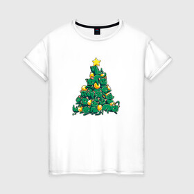 Женская футболка хлопок с принтом Christmas Tree Made Of Green Cats в Петрозаводске, 100% хлопок | прямой крой, круглый вырез горловины, длина до линии бедер, слегка спущенное плечо | cat | cats | christmas | decotarions | green | kittens | made | new | of | star | toys | tree | year | год | ёлка | звезда | игрушки | кот | коты | котята | кошки | новый | рождество