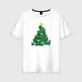 Женская футболка хлопок Oversize с принтом Christmas Tree Made Of Green Cats в Петрозаводске, 100% хлопок | свободный крой, круглый ворот, спущенный рукав, длина до линии бедер
 | cat | cats | christmas | decotarions | green | kittens | made | new | of | star | toys | tree | year | год | ёлка | звезда | игрушки | кот | коты | котята | кошки | новый | рождество