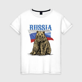 Женская футболка хлопок с принтом Символика России и медведь в Петрозаводске, 100% хлопок | прямой крой, круглый вырез горловины, длина до линии бедер, слегка спущенное плечо | bear | courage | fearlessness | flag | force | muzzle | paws | power | russia | бесстрашие | лапы | медведь | мощь | мужество | отвага | россия | сила | флаг