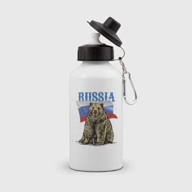 Бутылка спортивная с принтом Символика России и медведь в Петрозаводске, металл | емкость — 500 мл, в комплекте две пластиковые крышки и карабин для крепления | bear | courage | fearlessness | flag | force | muzzle | paws | power | russia | бесстрашие | лапы | медведь | мощь | мужество | отвага | россия | сила | флаг