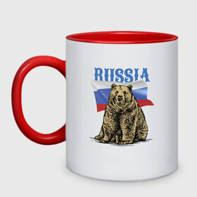 Кружка двухцветная с принтом Символика России и медведь в Петрозаводске, керамика | объем — 330 мл, диаметр — 80 мм. Цветная ручка и кайма сверху, в некоторых цветах — вся внутренняя часть | bear | courage | fearlessness | flag | force | muzzle | paws | power | russia | бесстрашие | лапы | медведь | мощь | мужество | отвага | россия | сила | флаг