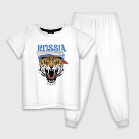 Детская пижама хлопок с принтом Уссурийский русский тигр в Петрозаводске, 100% хлопок |  брюки и футболка прямого кроя, без карманов, на брюках мягкая резинка на поясе и по низу штанин
 | courage | fearlessness | flag | force | muzzle | paws | power | russia | tiger | бесстрашие | лапы | мощь | мужество | отвага | россия | сила | тигр | флаг